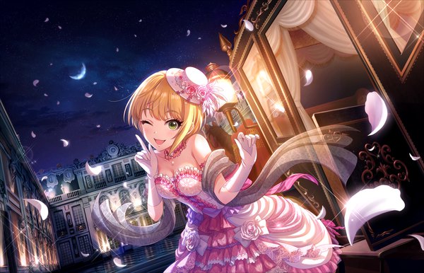 Anime picture 1280x824 with idolmaster idolmaster cinderella girls miyamoto frederica single looking at viewer blush short hair open mouth blonde hair smile green eyes one eye closed wink night lumiere etoile girl dress gloves hat petals