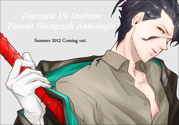 Anime picture 1064x745 with fate (series) fate/stay night fate/zero studio deen type-moon diarmuid ua duibhne (lancer) (fate) takoko single short hair open mouth simple background holding yellow eyes inscription grey background mole mole under eye undressing partially open clothes dark hair