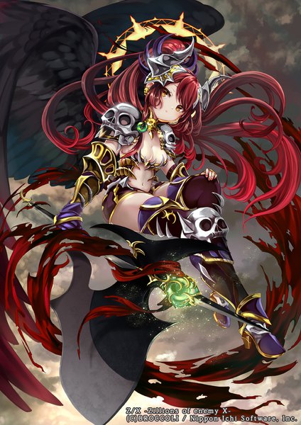 Anime picture 700x990 with zillions of enemy x pisuke single long hair tall image looking at viewer light erotic sitting yellow eyes cleavage full body ponytail red hair official art from below magic black wings hand on knee girl weapon