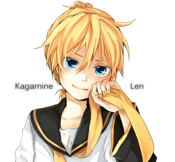Anime picture 1000x928 with vocaloid kagamine len tama (songe) single looking at viewer short hair blue eyes simple background blonde hair smile white background nail polish inscription character names yellow nail polish boy necktie sailor suit