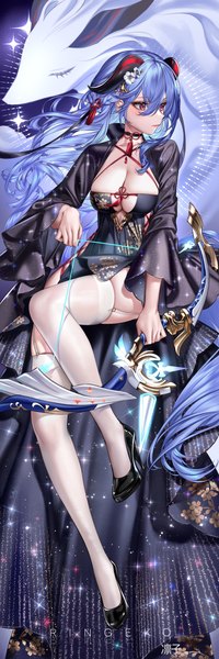 Anime picture 3325x10000 with genshin impact ganyu (genshin impact) ringeko-chan single long hair tall image fringe highres breasts light erotic hair between eyes large breasts sitting purple eyes holding signed absurdres full body bent knee (knees) horn (horns)