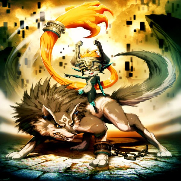 Anime picture 1000x1000 with the legend of zelda the legend of zelda: twilight princess nintendo link midna link (wolf) genzoman blue eyes red eyes cloud (clouds) tail animal tail teeth loli fang (fangs) angry laughing animal bracelet chain