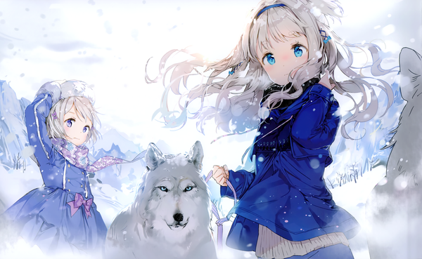 Anime picture 3282x2021 with original anmi long hair looking at viewer blush fringe highres short hair blue eyes wide image purple eyes multiple girls absurdres wind grey hair snowing winter snow cropped girl