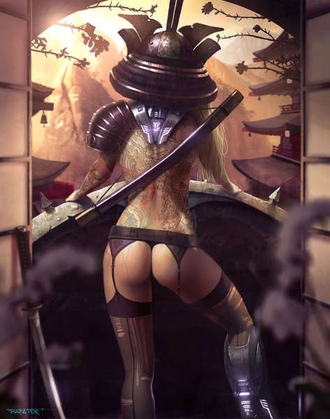 Anime picture 1024x1300 with rafater (artist) single long hair tall image light erotic blonde hair ass from behind sunlight midriff tattoo back girl thighhighs underwear panties weapon sword katana building (buildings)