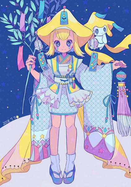 Anime picture 1923x2728 with pokemon nintendo jirachi mameeekueya single tall image looking at viewer highres short hair blue eyes blonde hair smile full body traditional clothes japanese clothes dated personification gen 3 pokemon tanabata girl