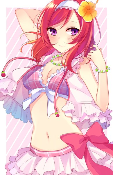 Anime picture 1000x1543 with love live! school idol project sunrise (studio) love live! nishikino maki satoimo chika single long hair tall image looking at viewer blush fringe purple eyes bare shoulders red hair hair flower bare belly adjusting hair arm behind head striped striped background