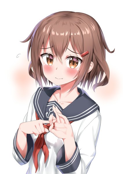 Anime picture 2507x3541 with kantai collection ikazuchi destroyer nedia (nedia region) single tall image looking at viewer blush highres short hair light erotic simple background brown hair white background brown eyes fang (fangs) embarrassed flying sweatdrops sexually suggestive penetration gesture girl