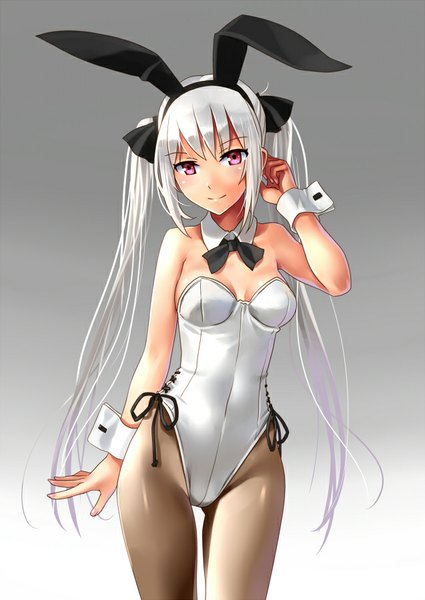 Anime picture 637x900 with original katahira masashi single long hair tall image looking at viewer blush breasts light erotic simple background twintails bare shoulders animal ears silver hair pink eyes bunny ears gradient background adjusting hair fake animal ears girl