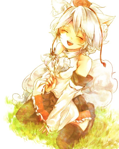 Anime picture 1024x1280 with touhou inubashiri momiji single tall image short hair open mouth white background bare shoulders animal ears white hair eyes closed kneeling girl plant (plants) detached sleeves grass tokin hat