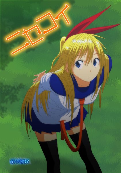 Anime picture 702x1000 with nisekoi shaft (studio) kirisaki chitoge shadsonic2 single long hair tall image blue eyes blonde hair pleated skirt from above coloring hands behind back girl thighhighs skirt uniform bow black thighhighs plant (plants)