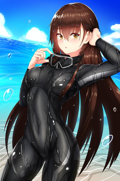 Anime picture 1200x1800 with original nekoda (maoda) single long hair tall image looking at viewer blush fringe breasts light erotic hair between eyes brown hair standing yellow eyes sky cloud (clouds) outdoors parted lips arm up wet