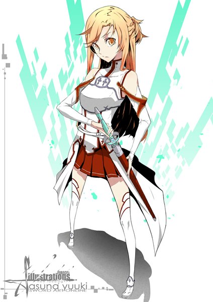 Anime picture 744x1052 with sword art online a-1 pictures yuuki asuna firecel single long hair tall image looking at viewer blonde hair standing bare shoulders yellow eyes pleated skirt shadow girl skirt uniform weapon detached sleeves sword