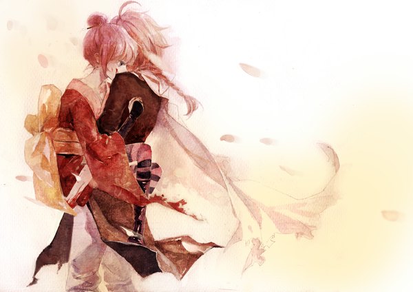 Anime picture 1191x842 with gintama sunrise (studio) kagura (gintama) kamui (gintama) kaiko (silk23) blue eyes ahoge red hair braid (braids) japanese clothes profile wind hair bun (hair buns) couple hug torn clothes traditional media watercolor (medium) girl thighhighs