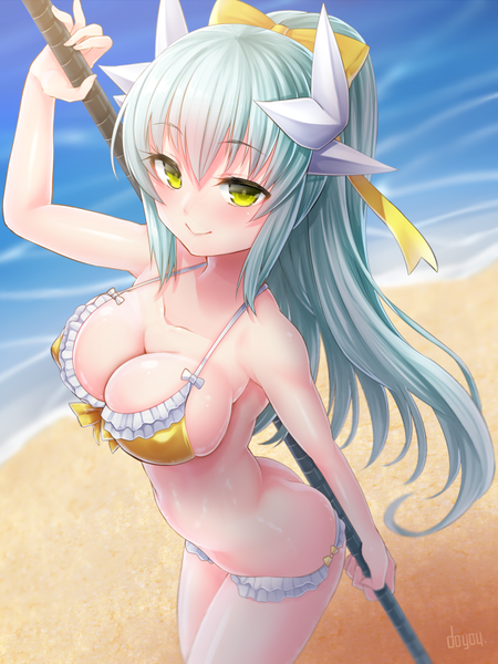 Anime picture 600x800 with fate (series) fate/grand order kiyohime (fate) kiyohime (swimsuit lancer) (fate) doyouwantto single long hair tall image looking at viewer blush fringe breasts light erotic smile hair between eyes large breasts standing bare shoulders holding signed