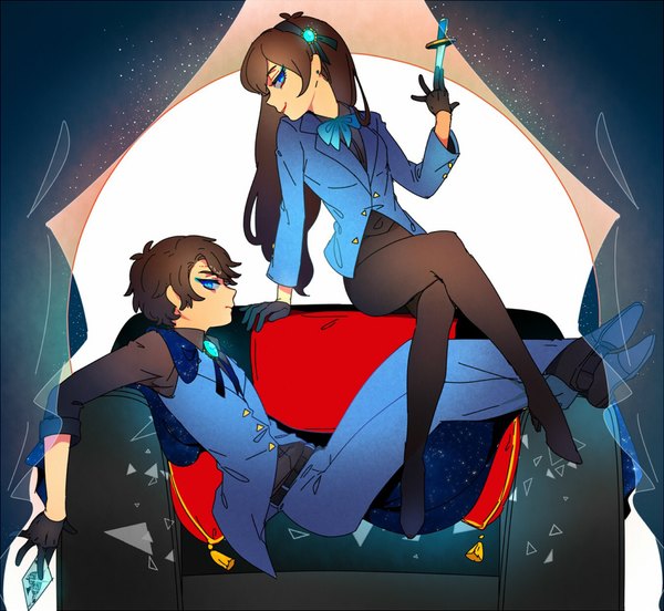 Anime picture 1000x920 with gravity falls mabel pines dipper pines shi jun ti long hair looking at viewer fringe short hair breasts blue eyes smile sitting profile crossed legs reclining girl boy gloves bow shirt