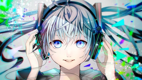 Anime picture 1280x720 with vocaloid hatsune miku minami ei single long hair looking at viewer fringe open mouth blue eyes hair between eyes wide image twintails aqua hair grey background floating hair face hand on headphones girl headphones