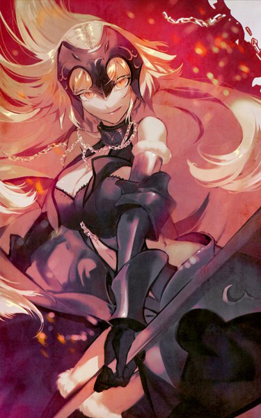 Anime picture 700x1120 with fate (series) fate/grand order jeanne d'arc (fate) (all) jeanne d'arc alter (fate) jeanne d'arc alter (avenger) (third ascension) (fate) yaku (ziroken) single long hair tall image looking at viewer breasts blonde hair cleavage wind orange eyes fur trim girl weapon armor fur