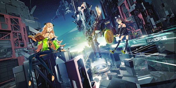 Anime picture 4000x2000 with original redjuice long hair highres open mouth blue eyes blonde hair wide image multiple girls brown eyes sky city cityscape flying scenic futuristic girl 2 girls detached sleeves headdress