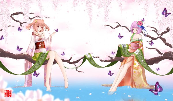 Anime picture 1800x1050 with touhou hieda no akyuu motoori kosuzu dusk/dawn blush highres short hair red eyes wide image purple eyes twintails multiple girls pink hair purple hair japanese clothes barefoot cherry blossoms short twintails butterfly on hand girl