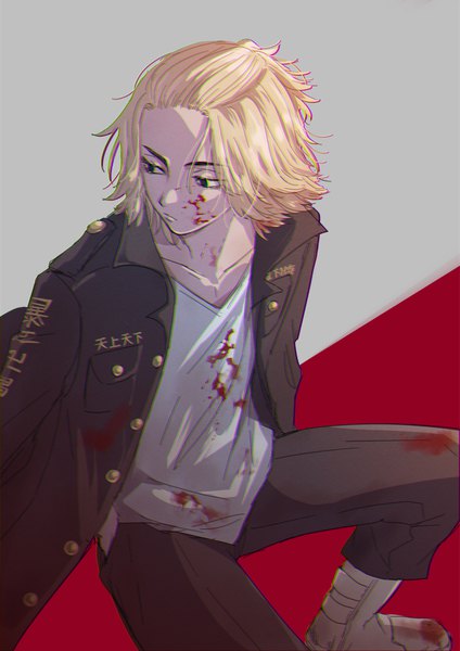 Anime picture 700x990 with tokyo revengers sano manjirou 0tetra u single tall image short hair blonde hair looking away black eyes turning head half updo clothes on shoulders hands in pockets blood on face bloody clothes boy blood
