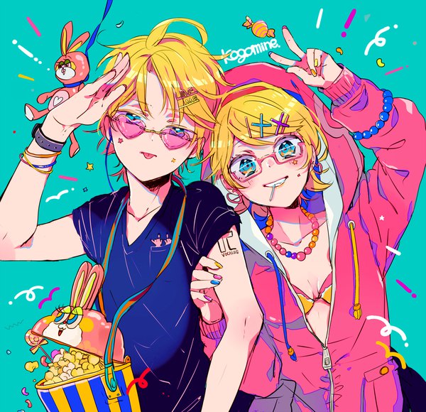 Anime picture 1500x1451 with vocaloid kagamine rin kagamine len makoji (yomogi) looking at viewer short hair blue eyes blonde hair smile nail polish arm up tattoo character names victory siblings twins unzipped salute aqua background multicolored nail polish