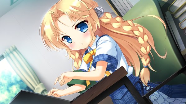 Anime picture 1024x576 with natsukumo yururu long hair blush blue eyes blonde hair wide image game cg braid (braids) loli girl uniform school uniform laptop