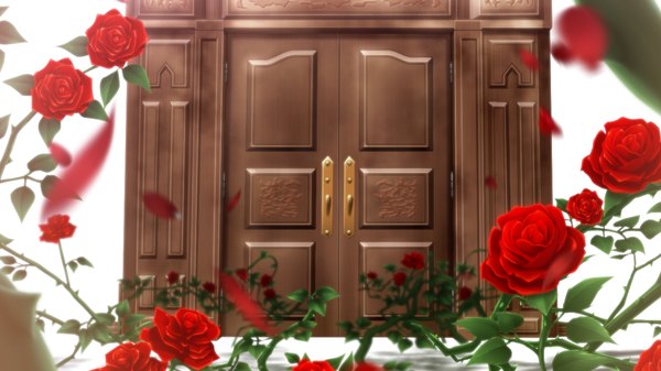 Anime picture 1280x720 with hapymaher purple software wide image game cg flower (flowers) plant (plants) rose (roses) red rose door