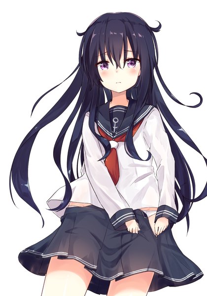 Anime picture 1400x2000 with kantai collection akatsuki destroyer seki (l0410706268) single long hair tall image looking at viewer blush fringe light erotic simple background hair between eyes white background purple eyes payot purple hair long sleeves pleated skirt embarrassed undressing
