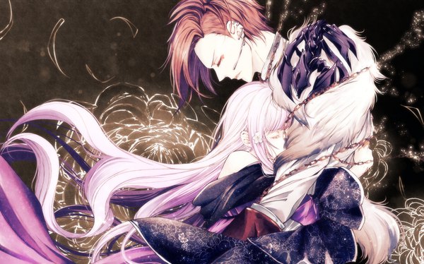 Anime picture 1575x984 with reine des fleurs idea factory violette (reine des fleurs) ghislain (reine des fleurs) aoi shizuka long hair short hair brown hair wide image purple hair upper body eyes closed profile fur trim couple hug piercing ear piercing girl boy