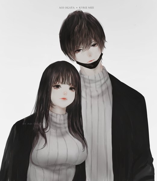 Anime picture 1391x1600 with original aoi ogata long hair tall image looking at viewer fringe short hair breasts black hair simple background hair between eyes signed upper body head tilt grey background grey eyes mask pull girl boy turtleneck