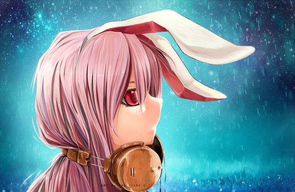 Anime picture 2275x1479 with touhou reisen udongein inaba yamikou (farixsanq) long hair fringe highres red eyes signed animal ears looking away pink hair profile bunny ears bunny girl close-up rain headphones around neck girl headphones wire (wires)