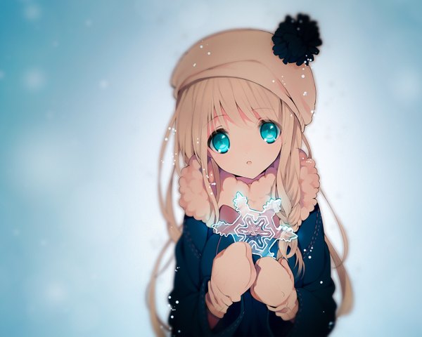 Anime picture 1280x1024 with original rugo single long hair looking at viewer highres open mouth simple background blonde hair aqua eyes loli snowing blue background transparent girl coat cap snowflake (snowflakes) mittens