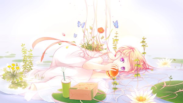 Anime picture 1801x1013 with original ahira yuzu single long hair highres wide image purple eyes lying orange hair girl flower (flowers) plant (plants) water insect butterfly sundress disposable cup hamburger