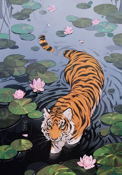 Аниме картинка 869x1250 с оригинальное изображение yueko (jiayue wu) один (одна) высокое изображение частично погруженный без людей цветок (цветы) животное тигр лотос пруд