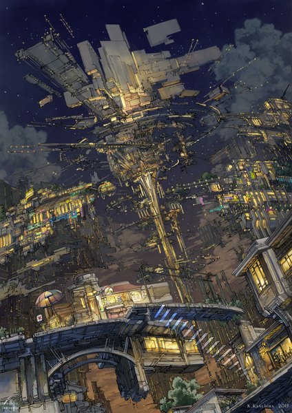 Anime picture 1200x1696 with original k kanehira tall image signed sky cloud (clouds) night scenic futuristic plant (plants) building (buildings) star (stars) umbrella stairs bridge laundry food stand