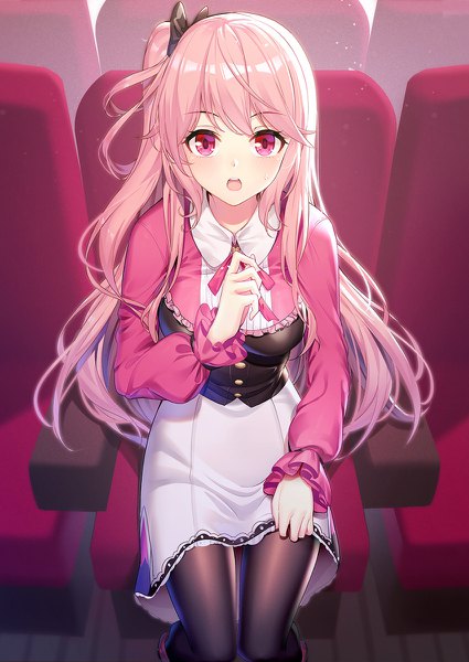 Anime picture 850x1200 with original emily stock ririko (zhuoyandesailaer) single long hair tall image looking at viewer blush fringe breasts open mouth sitting payot pink hair indoors long sleeves pink eyes from above teeth one side up