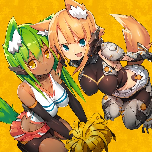 Anime picture 2500x2500 with original arai seiryuu long hair looking at viewer highres short hair open mouth light erotic blonde hair multiple girls animal ears yellow eyes tail aqua eyes green hair teeth fang (fangs) dark skin cheerleader girl