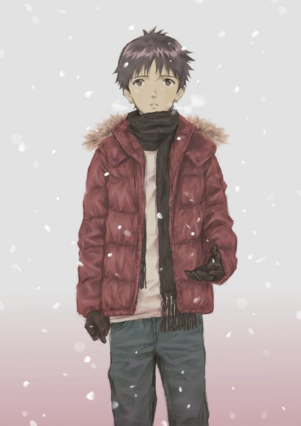 Anime picture 707x1000 with neon genesis evangelion gainax ikari shinji mc single tall image fringe short hair simple background brown hair standing brown eyes parted lips grey background open jacket fur trim gradient background snowing looking up boy