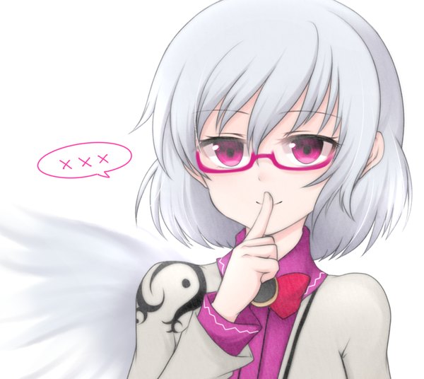 Anime picture 950x850 with touhou kishin sagume shiohachi single fringe short hair simple background smile white background purple eyes looking away grey hair finger to mouth portrait single wing girl wings glasses speech bubble