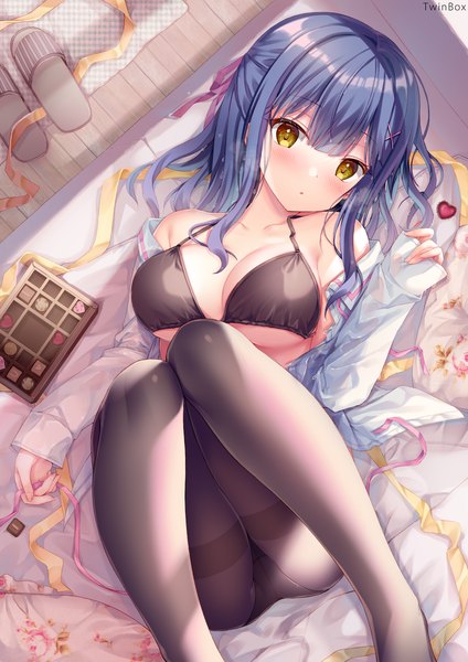 Anime picture 2000x2829 with original nanami yuuno sousouman single long hair tall image looking at viewer blush fringe highres breasts open mouth light erotic large breasts signed yellow eyes payot blue hair cleavage bent knee (knees)