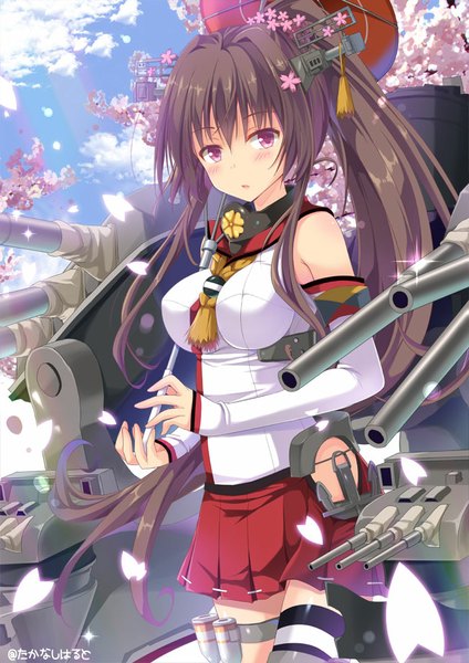 Anime picture 650x919 with kantai collection yamato super battleship takanashi haruto long hair tall image blush brown hair sky cloud (clouds) ponytail parted lips pleated skirt pink eyes hair flower cherry blossoms girl skirt hair ornament flower (flowers) plant (plants)