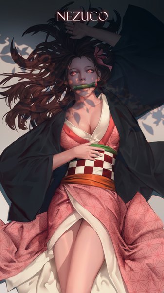 Anime picture 1920x3413 with kimetsu no yaiba ufotable kamado nezuko jeongseok lee single long hair tall image looking at viewer highres light erotic red eyes brown hair holding cleavage lying traditional clothes japanese clothes realistic shadow on back