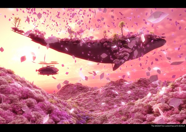 Anime picture 1440x1024 with koala (pixiv) letterboxed rain landscape fantasy floating island flower (flowers) crystal aircraft island whale airship