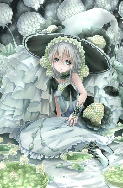 Anime picture 1002x1533 with chain chronicle sega gin ji single long hair tall image looking at viewer blue eyes bare shoulders white hair girl dress flower (flowers) plant (plants) hat