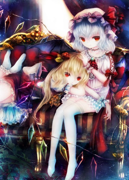 Anime picture 1430x2000 with touhou flandre scarlet remilia scarlet basilis9 long hair tall image short hair blonde hair red eyes multiple girls white hair girl thighhighs dress 2 girls white thighhighs wings couch bonnet