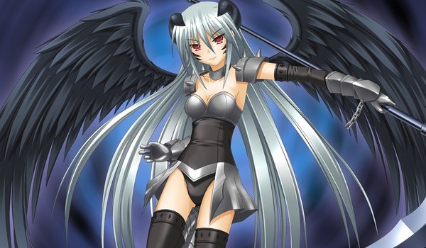Anime picture 1344x784 with sin kuro to kiiro no shoujo long hair light erotic red eyes wide image game cg silver hair horn (horns) girl thighhighs wings armor scythe