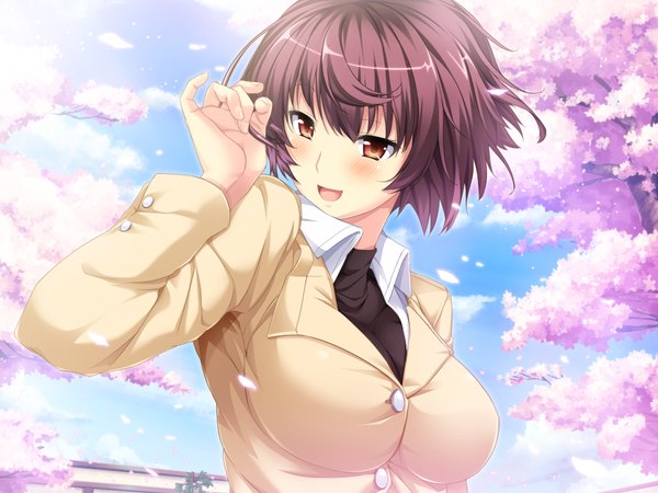Anime picture 1024x768 with spocon! shinohara katsumi marushin (denwa0214) blush short hair open mouth red eyes brown hair game cg cherry blossoms girl petals