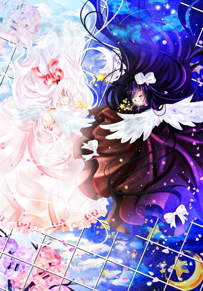 Anime picture 1000x1433 with original maruuki tall image blush black hair multiple girls sky cloud (clouds) white hair lying eyes closed very long hair night sky sleeping face to face crescent girl dress flower (flowers) ribbon (ribbons)