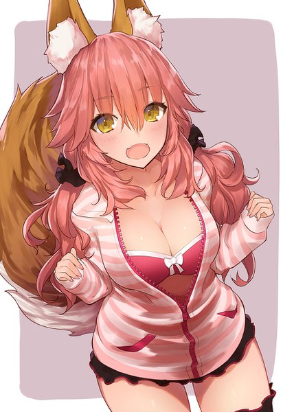 Anime picture 900x1260 with fate (series) fate/extra tamamo (fate) (all) tamamo no mae (fate) yaman (yamanta lov) single long hair tall image looking at viewer blush fringe breasts open mouth light erotic simple background hair between eyes large breasts white background twintails brown eyes