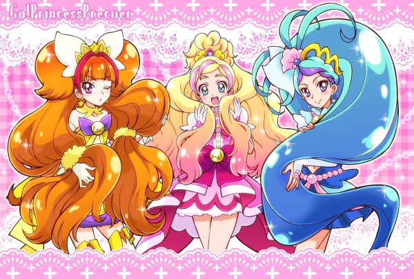 Anime picture 1200x810 with precure go! princess precure toei animation amanogawa kirara cure twinkle haruno haruka cure flora kaidou minami cure mermaid nanjou akimasa long hair looking at viewer blush open mouth blue eyes blonde hair smile twintails bare shoulders multiple girls